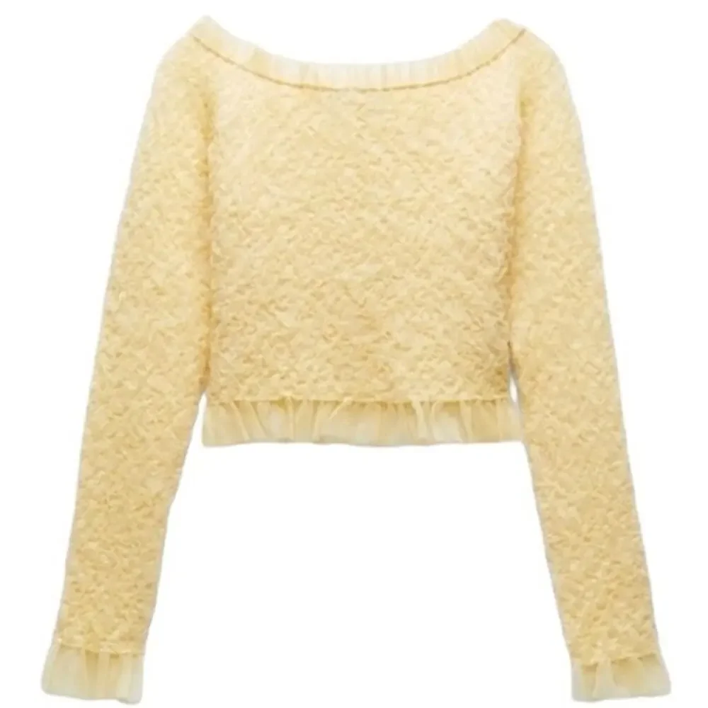 NWT ~ ZARA Beige Lace Tulle Off Shoulders Tight Crop Knit Top ~ Women's SMALL - Picture 4 of 9